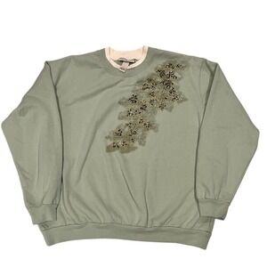 Top Stitch By Morning Sun Sweatshirt Womens Large Green Floral Embroidered
